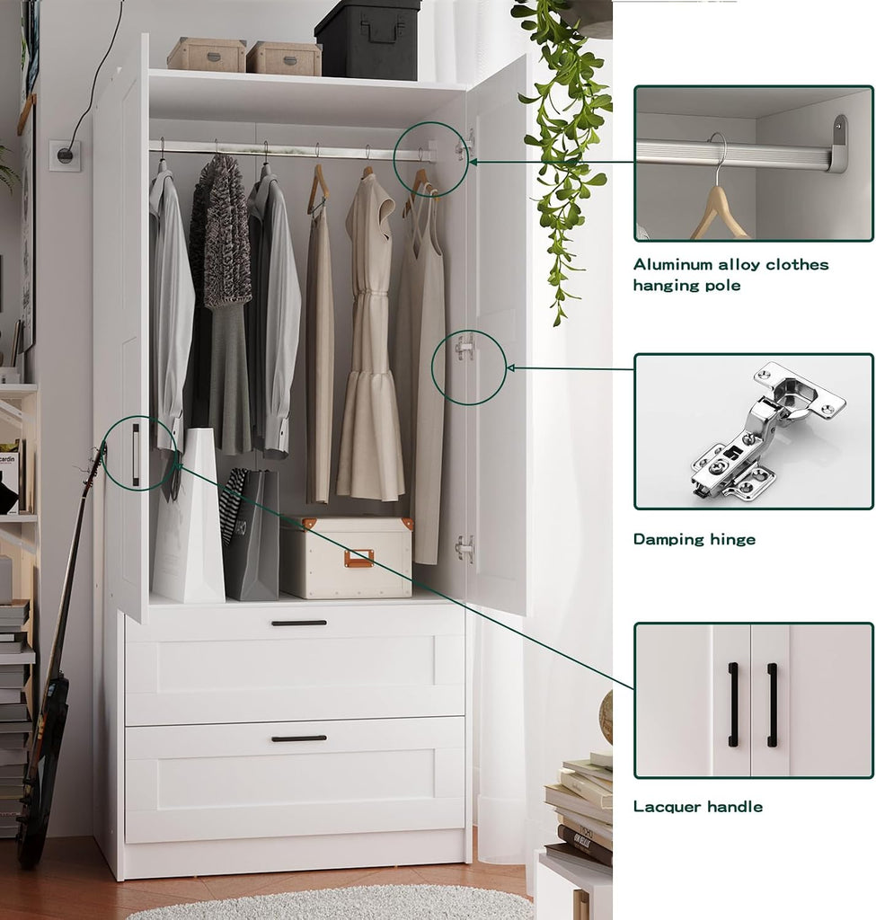 Wood White Wardrobe Closet with 2 Doors and 2 Drawers,Bedroom Freestanding Armoire Storage Cabinet with