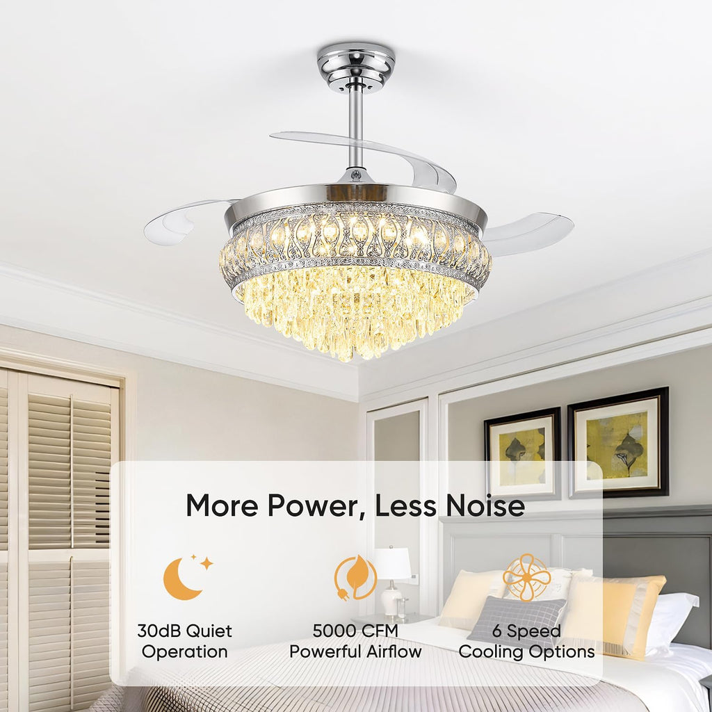 42" Fandelier Ceiling Fan with Light, Crystal Retractable Ceiling Fan with Lights and Remote, Chandelier Fans
