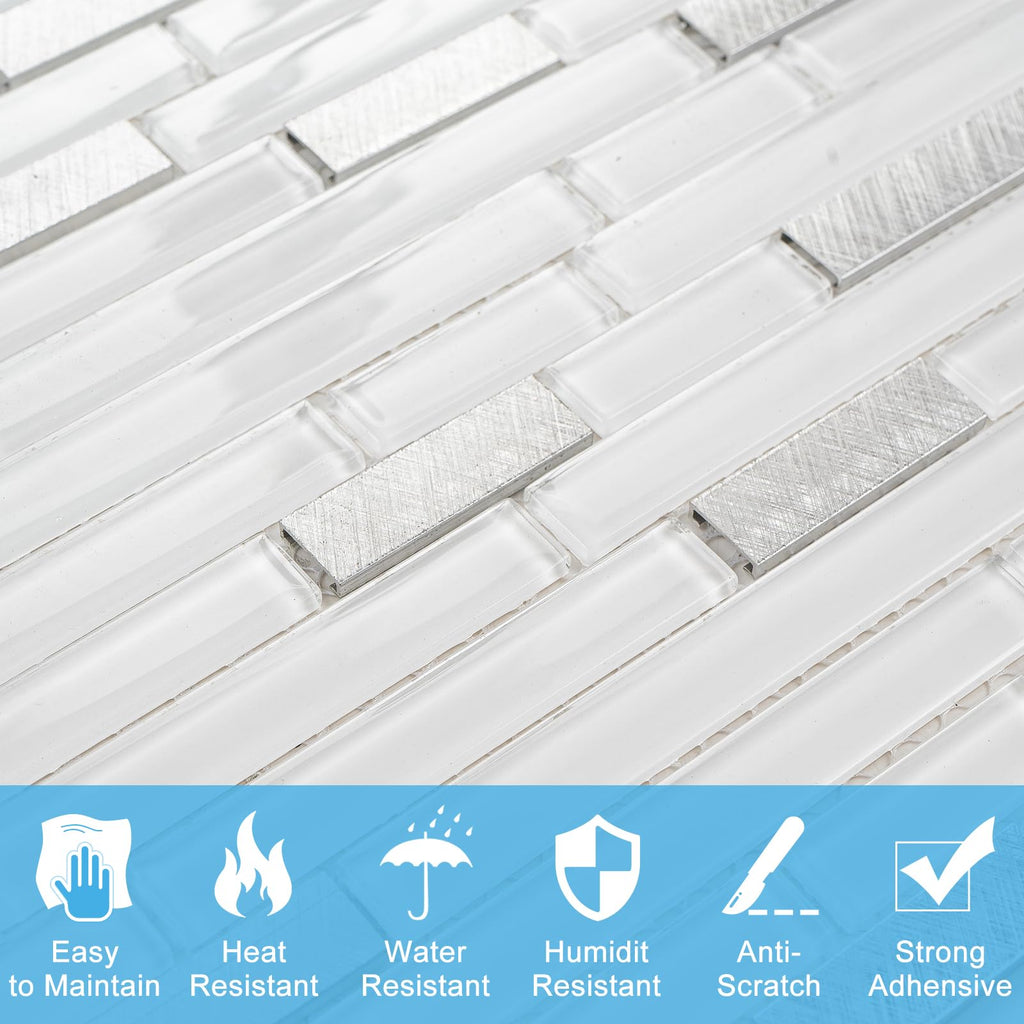 Glossy White Glass Mosaic Subway Tile, Mesh-Mounted, Kitchen & Vanity Wall