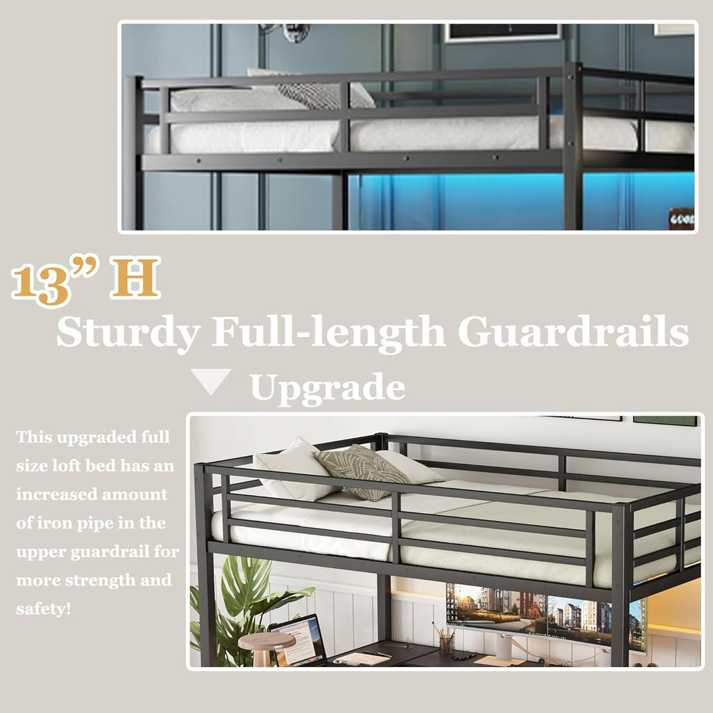 Full Metal Loft Bed with L Shaped Desk and Wardrobe, Heavy Duty Loft Bed Frame with Storage Stairs