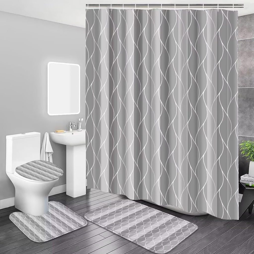 4Pcs Grey Wave Lines Set with Rugs Stripe Bathroom Set