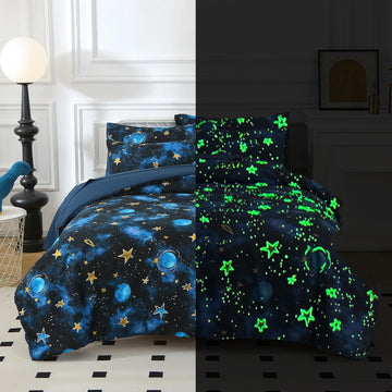Glow in The Dark Kids Comforter Set, 4 Pieces Blue Space Bedding Set for Boys Girls Teen, 1 Comforter, 1