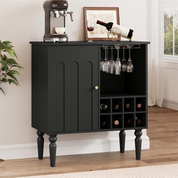 Arched Fluted Coffee Bar Cabinet with Storage& Wine Racks, Black