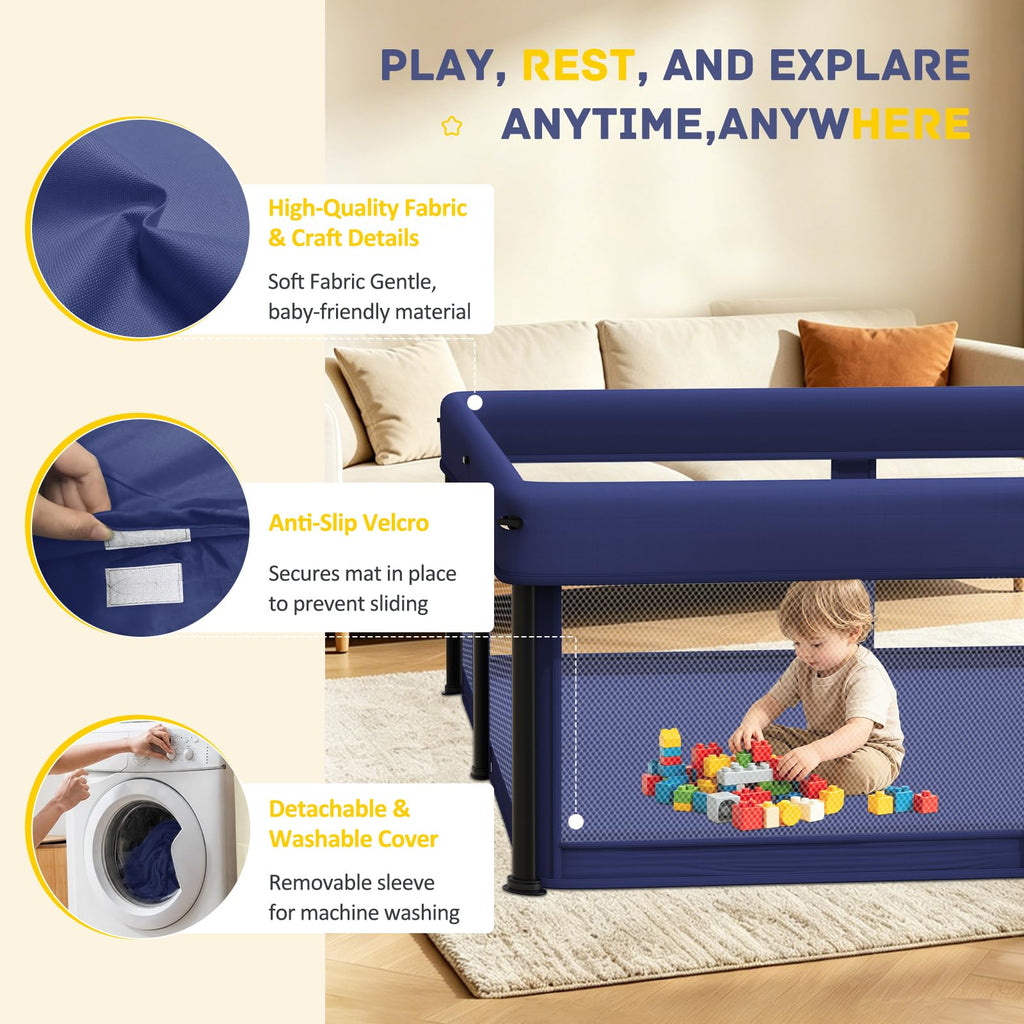 Foldable Baby Playpen with Mat, 50"×50" Collapsible Play Pen for Babies and Toddlers, Indoor & Outdoor Kids Safety