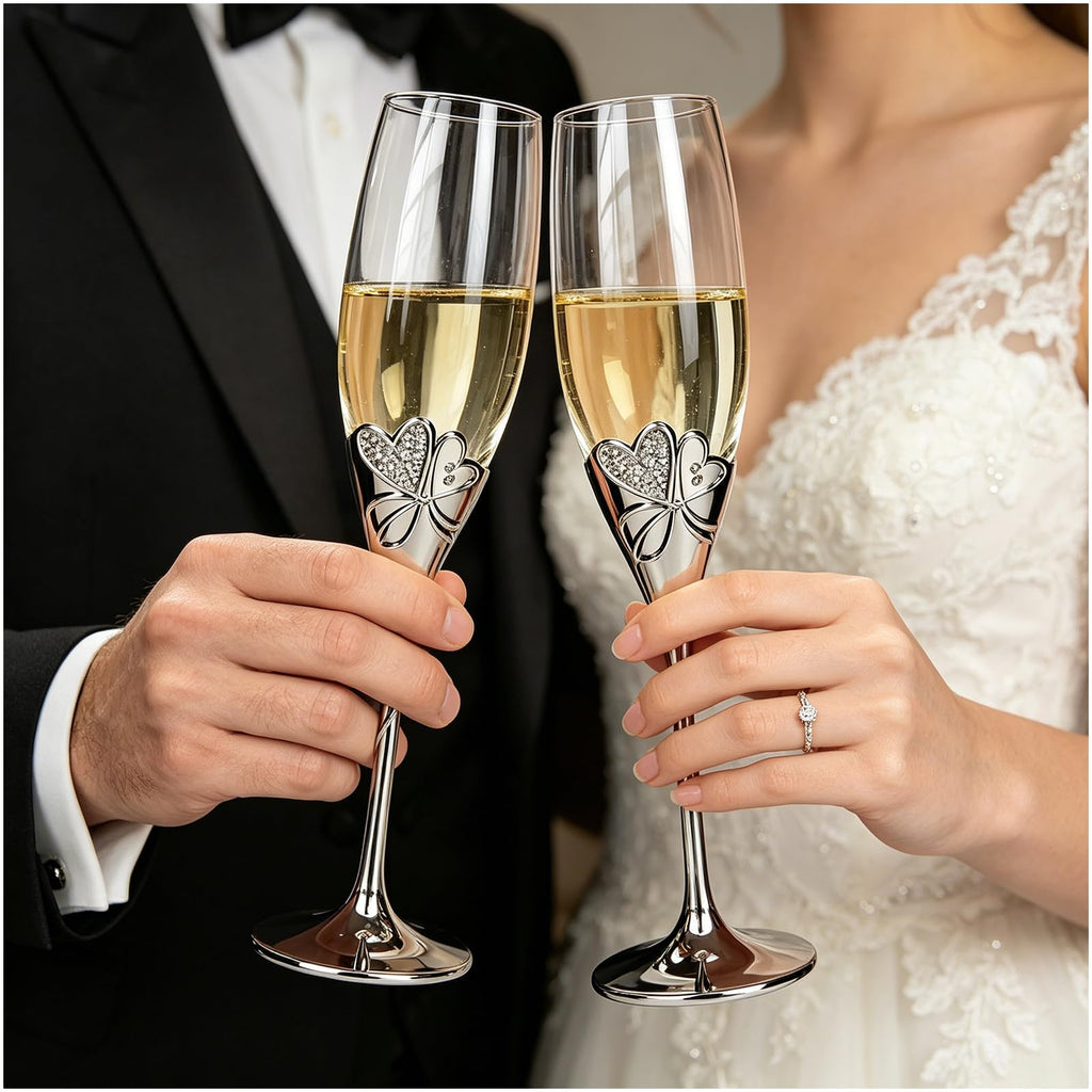 True Love Silverplate Champagne Flutes Set of 2 Silver Toasting Glasses with Metal Base & Crystal Stones, Flute Pair