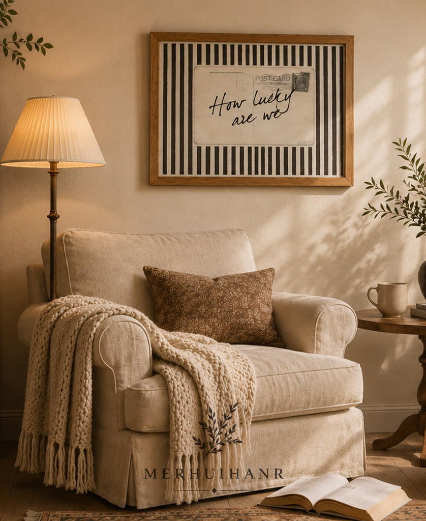 How Lucky Are We Wall Art, Wood Framed Postcard Poster with Positive Quote, Western, Old Money Brown Striped Decor