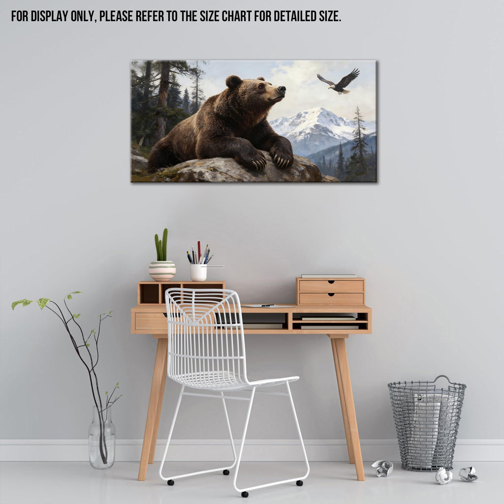 Large Bear Wall Art, Wildlife Canvas Wall Decor with Eagle and Mountain Forest, Rustic Bear Picture for Cabin Lodge