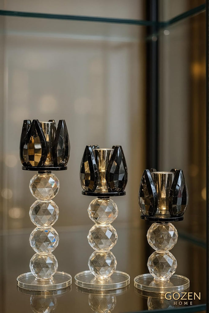 Quality Crystal Candle Holder Set 3 Piece Black Modern Glam for Dining Table, Console, Living Room - 6.3" x 5.5"