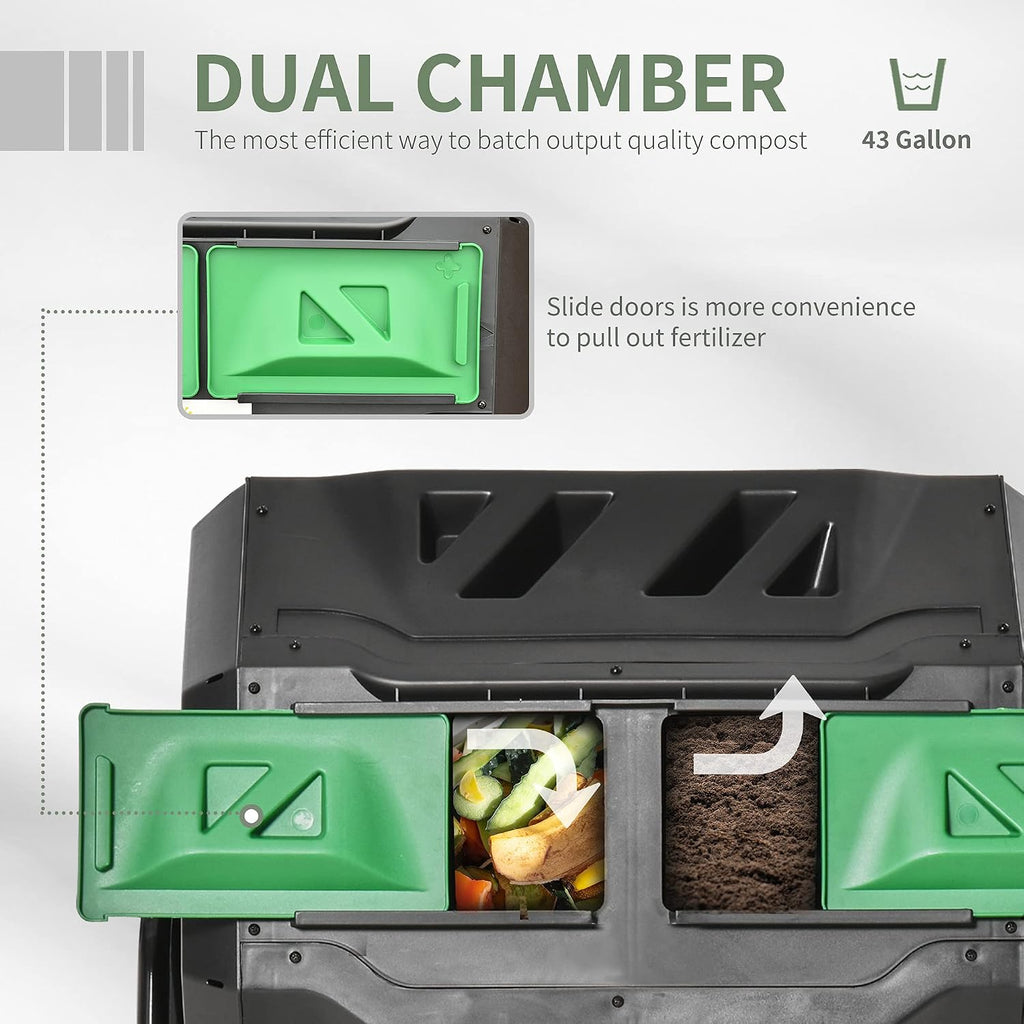 Tumbling Compost Bin 360° Dual Chamber 43 Gallon, Green | Outdoor, Rotating Composter