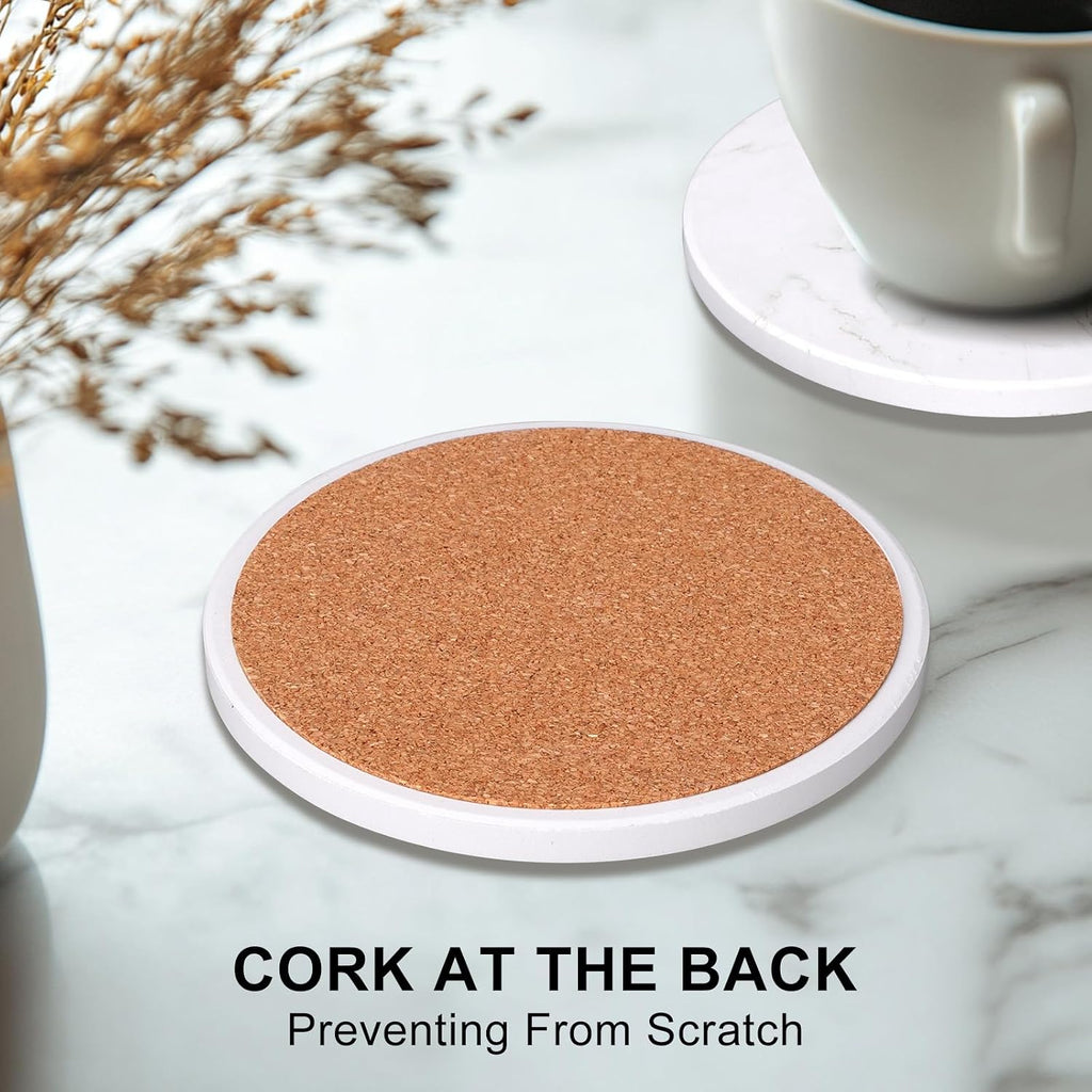 Coasters White Marble Style Ceramic Drink Coasters with Holde Coffee Table Decor Drinks Absorbent Stone - Set of 6