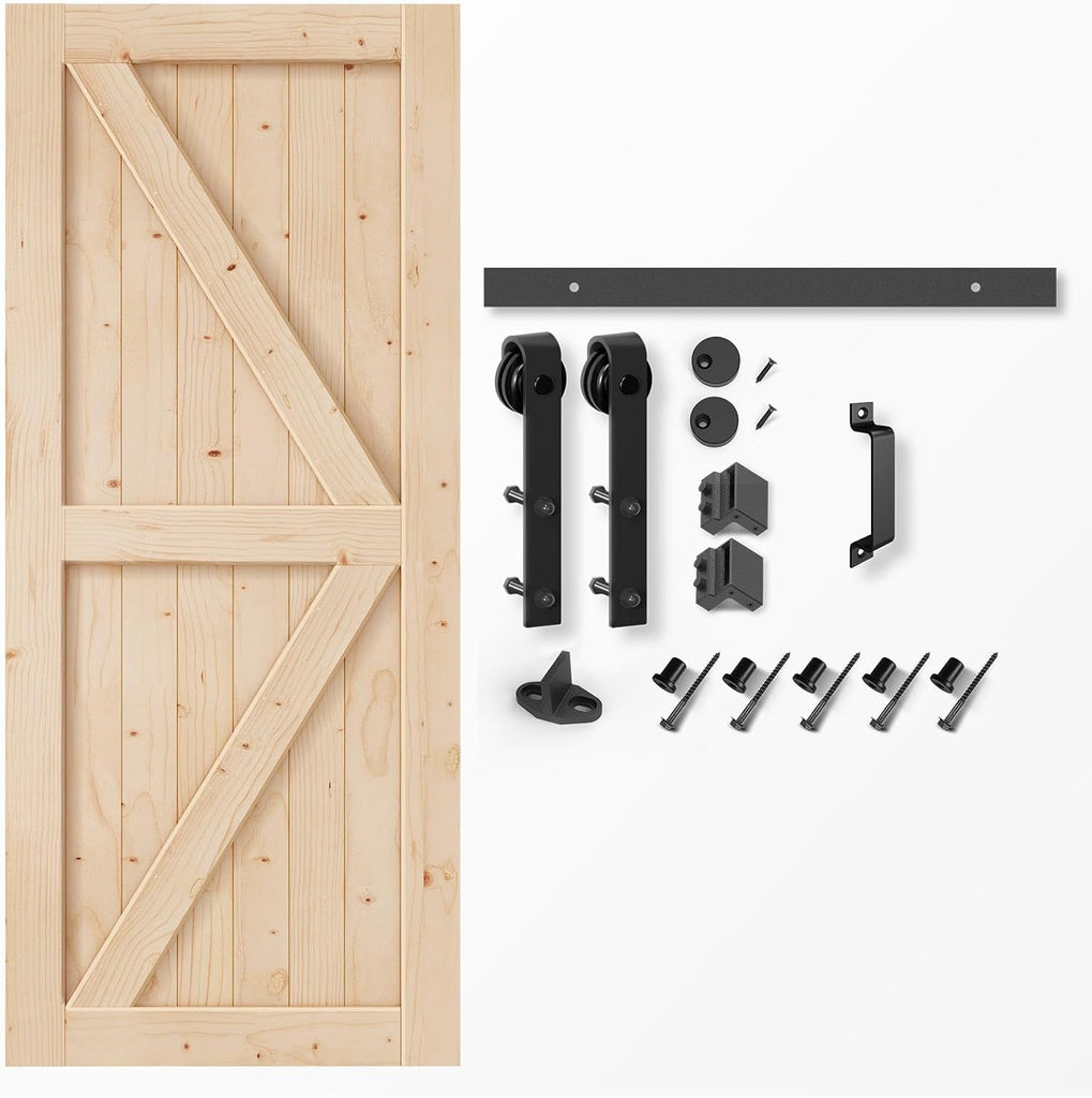 36in x 84in Sliding Barn Door with 6.6FT Barn Door Hardware Kit & Handle Included,Solid Spruce Wood 