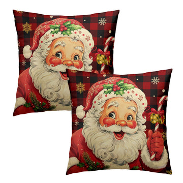 Vintage Christmas Pillow Covers Set of 2 Xmas Santa Claus Red Black Buffalo Plaid Cotton Throw Pillowcases Winter
