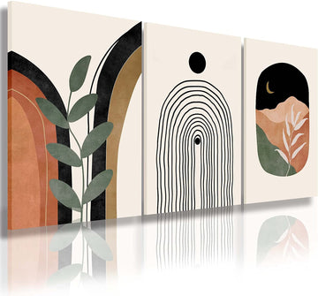 Boho Wall Art Set of 3, Mid Century Modern Canvas Wall Painting, Neutral Abstract Geometric Prints