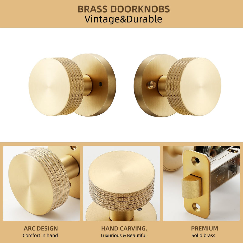 Knurled Brass Privacy Door Knob - Solid Brass Industrial Style Handle with Brushed Finish - Fixed 70mm Backset Doors