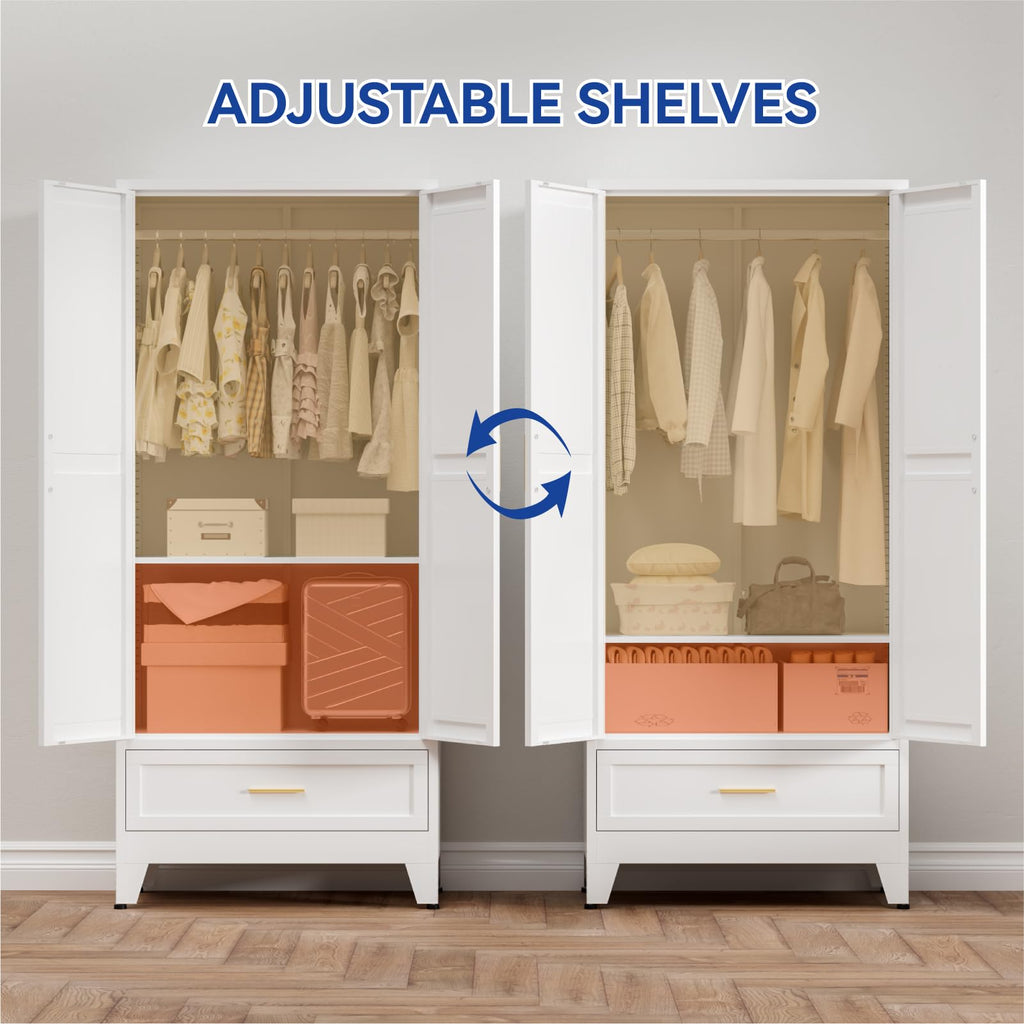 Metal Armoire Wardrobe Closet with Drawer, 71'' Tall Farmhouse Bedroom Armoires with Doors and Hanging Rod