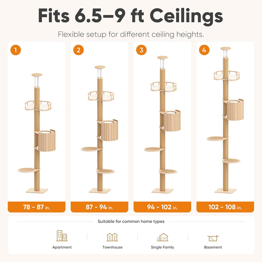 Floor to Ceiling Cat Tree, 78-108in (6.5-9ft) Adjustable Cat Tower