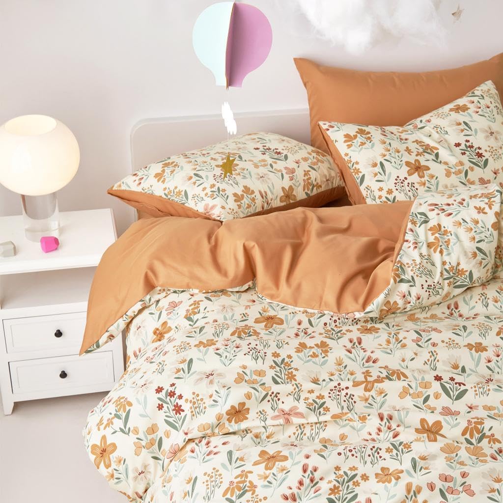 Floral Bedding Set for Girls, Cute Colorful Botanical Flowers Patterned Soft Lightweight Comforter Set with Sheets, 5
