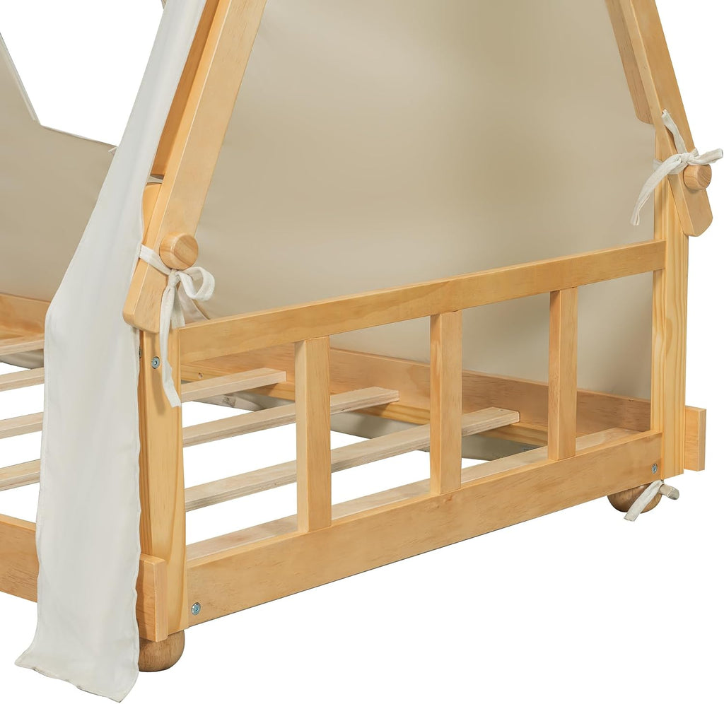 Twin Size House Bed with Tent & Light, Wooden Full Montessori Floor Beds for Kids with Roof, DIY Playhouse, No Box