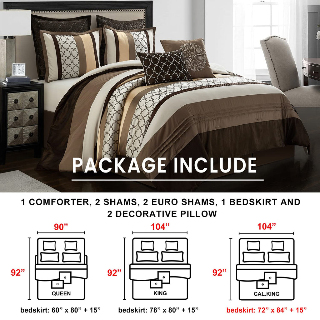 Brown Comforter Set Queen, 8 Pieces Bed in a Bag, Lightweight Microfiber, Ultra-Soft, Jacquard Premium Bedding Set