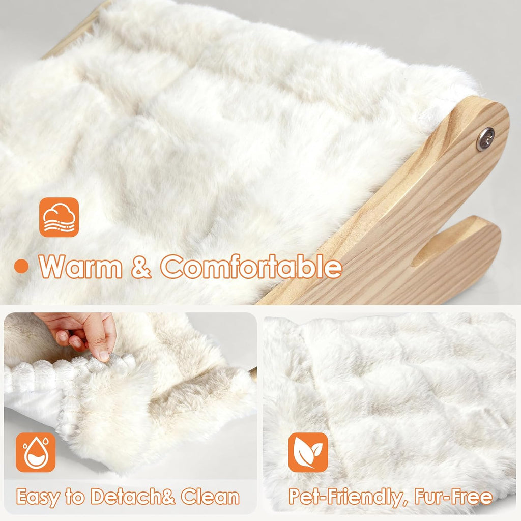 Plush Elevated Cat Bed - Cozy Raised Cat Hammock with Solid Wood Frame, Soft Furry Cushion for Indoor Cats & Small