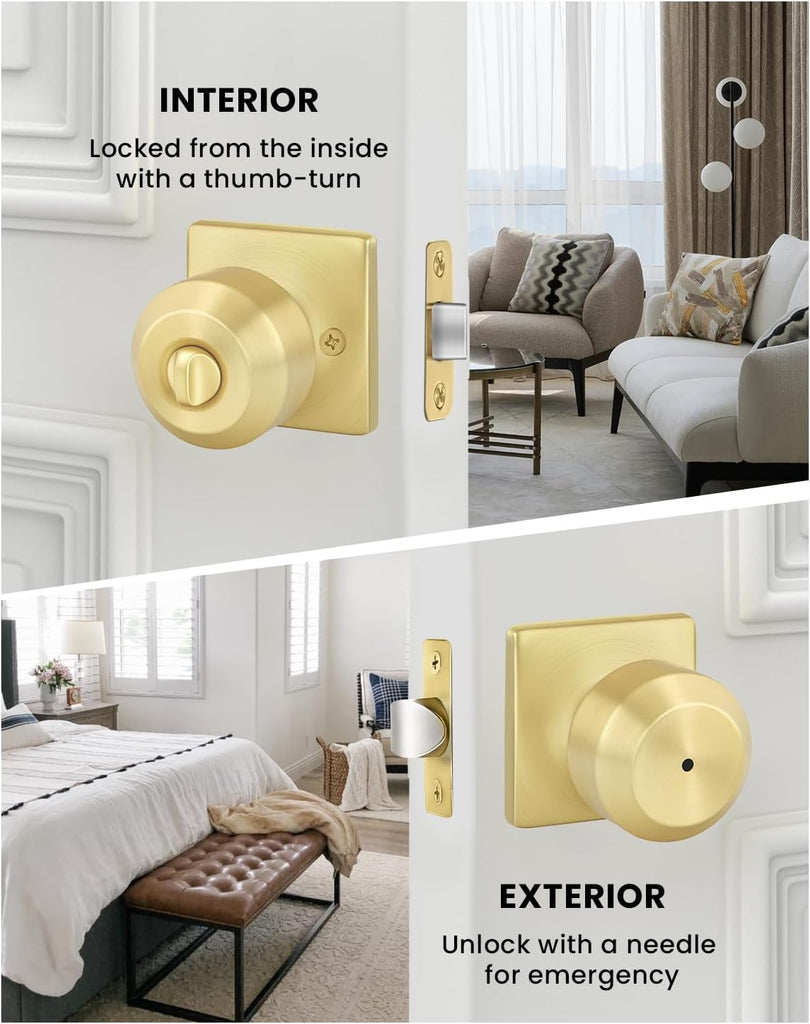 6 Pack Gold Door Knobs, Interior Door knobs, Privacy Door Knob or Bathroom, Brushed Gold Door Knob