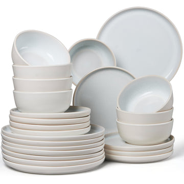 24 Piece Plates and Bowls Sets for 8, Ceramic Dishes Set, Dusk White