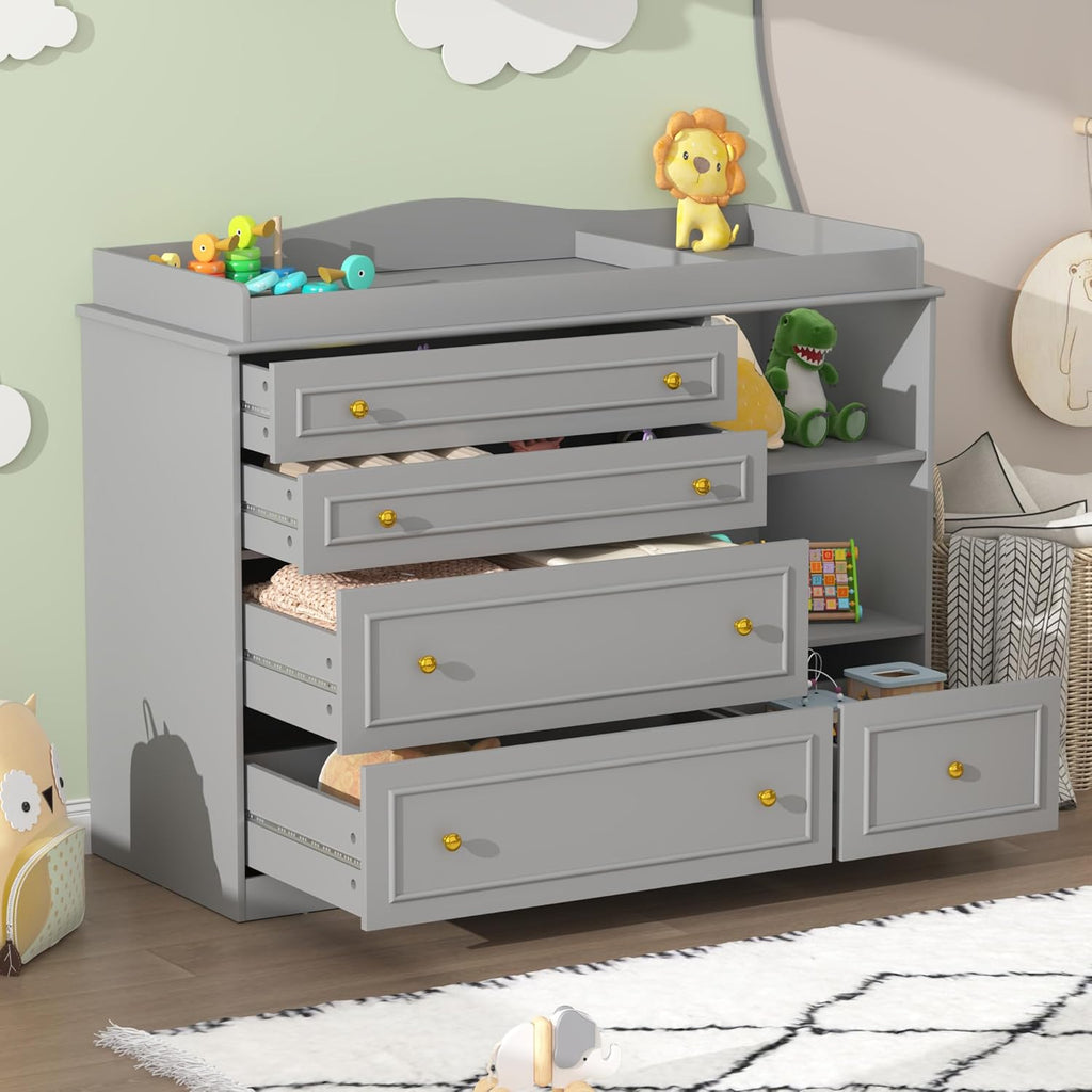 Grey Changing Table Dresser, Baby Nursery Dresser, Baby Diaper Changing Table, 5 Drawers, Adjustable Shelves, Metal