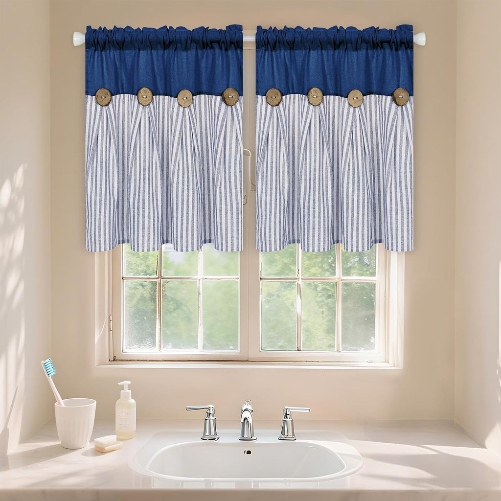 Farmhouse Curtains (Set of 2 Panels), Boho Bedroom Curtains with Rustic Buttons, Cotton Linen Back Tab Drapes Blue Striped Light