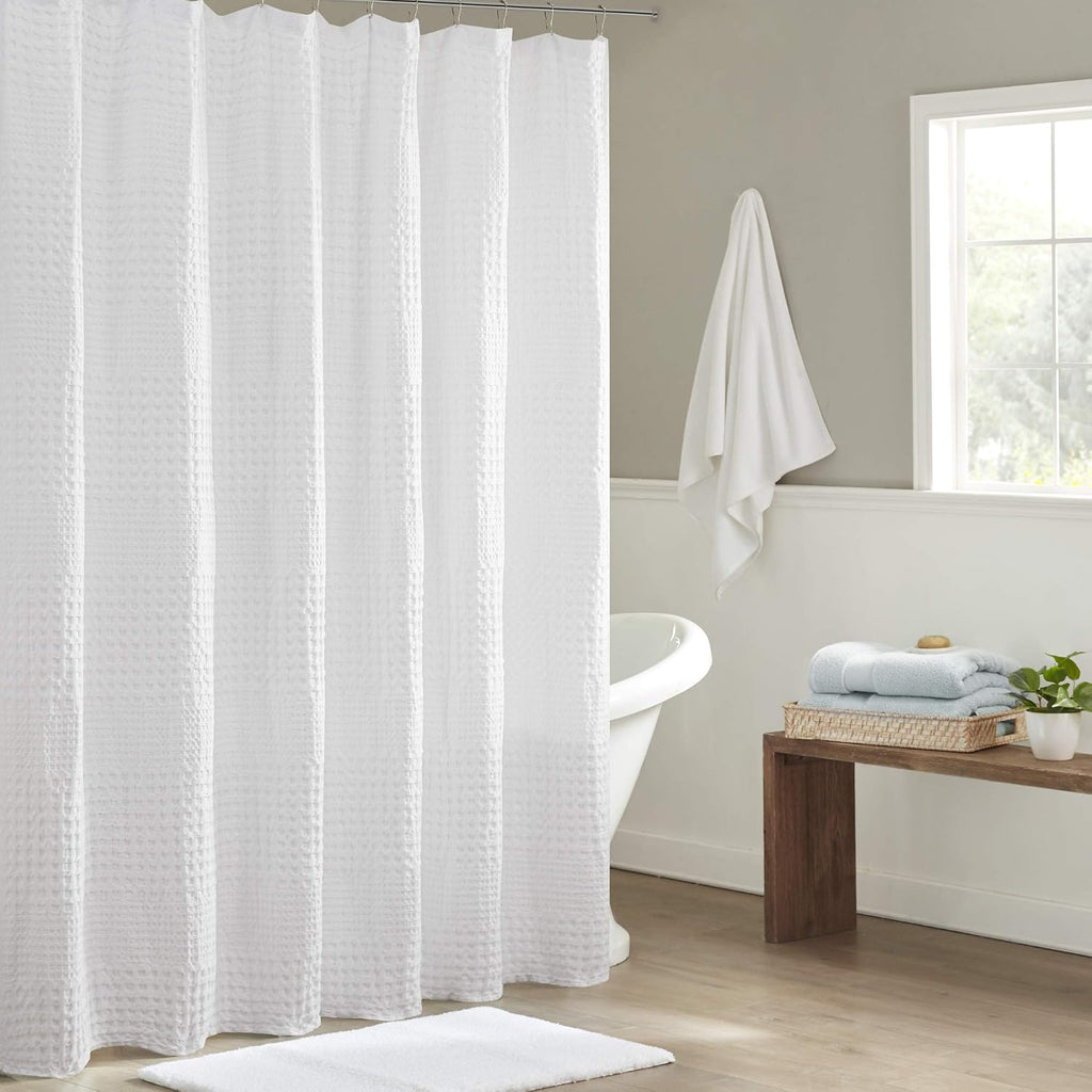 Arlo Shower Curtain , 72 x 72, White | Waffle Weave, Cotton, Adds Privacy, Machine Washable, OEKO-TEX Certified