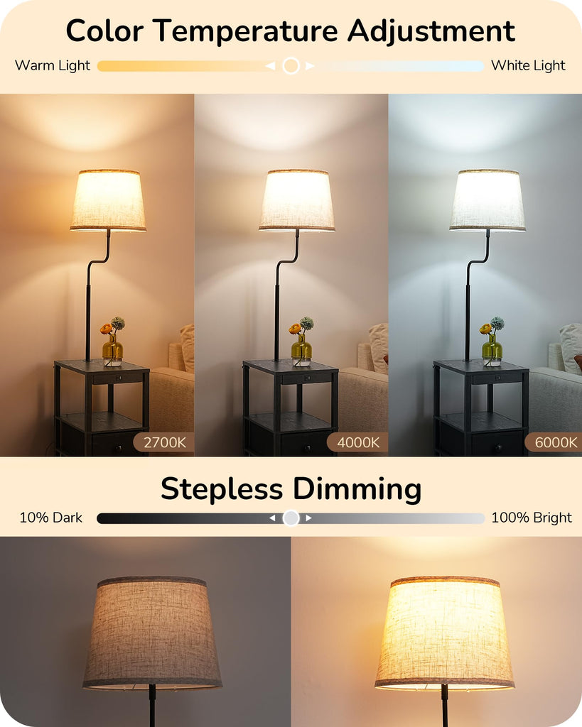 Floor Lamp with Table, Dimmable USB-A+Type-C Ports, Remote, Black