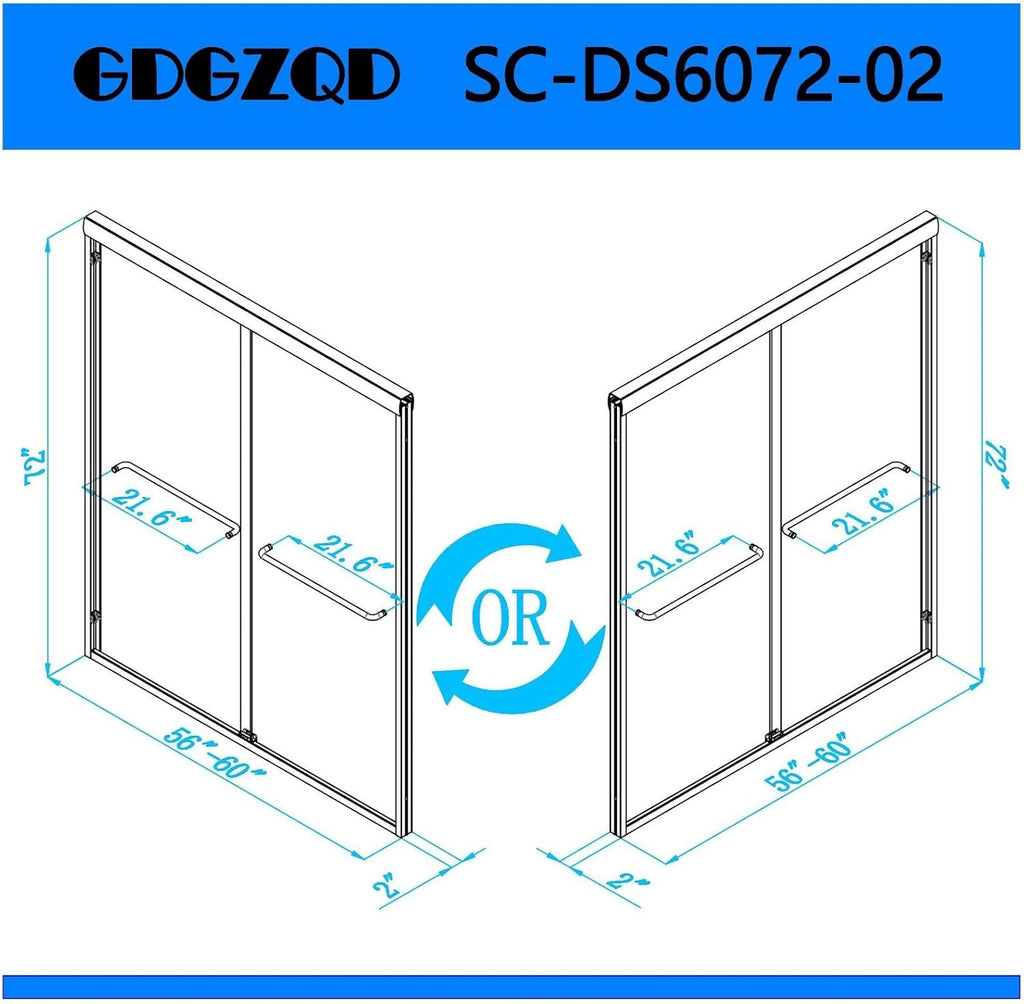 Semi-Frameless Sliding Shower Door W: 60 x H:72 Inches, Bathroom Sliding Door Easy to Install, 1/4 "Clear Glass