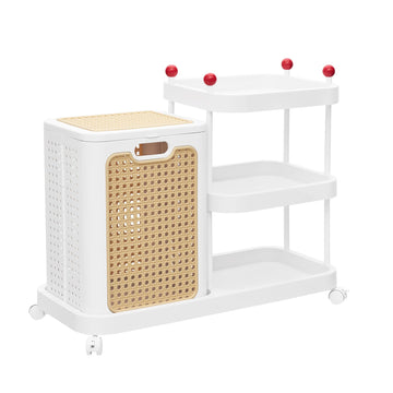 Rattan-Style Rolling Laundry Hamper Cart, 3-Tier Storage Shelf with Wheels, Foldable Plastic Laundry Basket with Lid