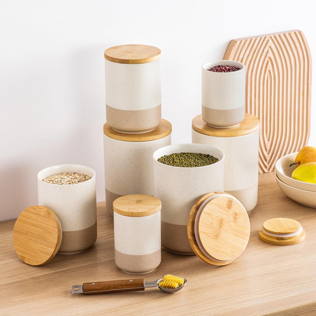 Sabine Large Ceramic Canister Set with Airtight Wood Lids - 2-Piece Kitchen Food Storage Jars for Flour, Sugar