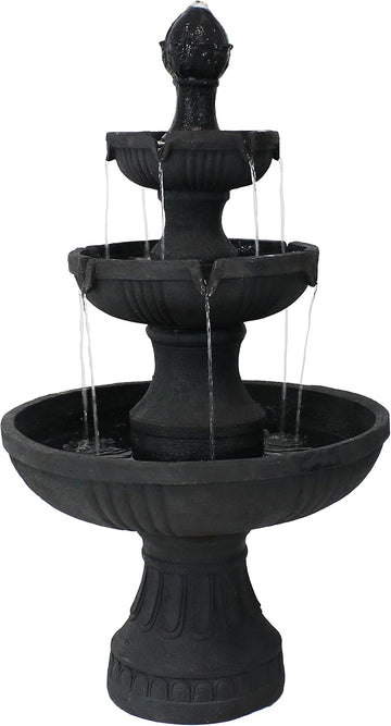 Flower Blossom 43" Tiered Outdoor Water Fountain - 3-Tiered Outdoor Fountain - Black Finish