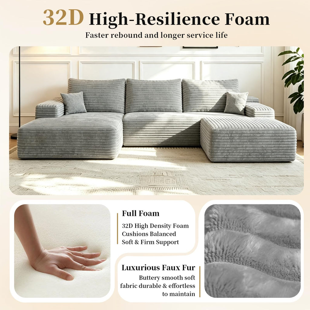107" U Shaped Boneless Sofa with Left Chaise & Ottoman, Grey