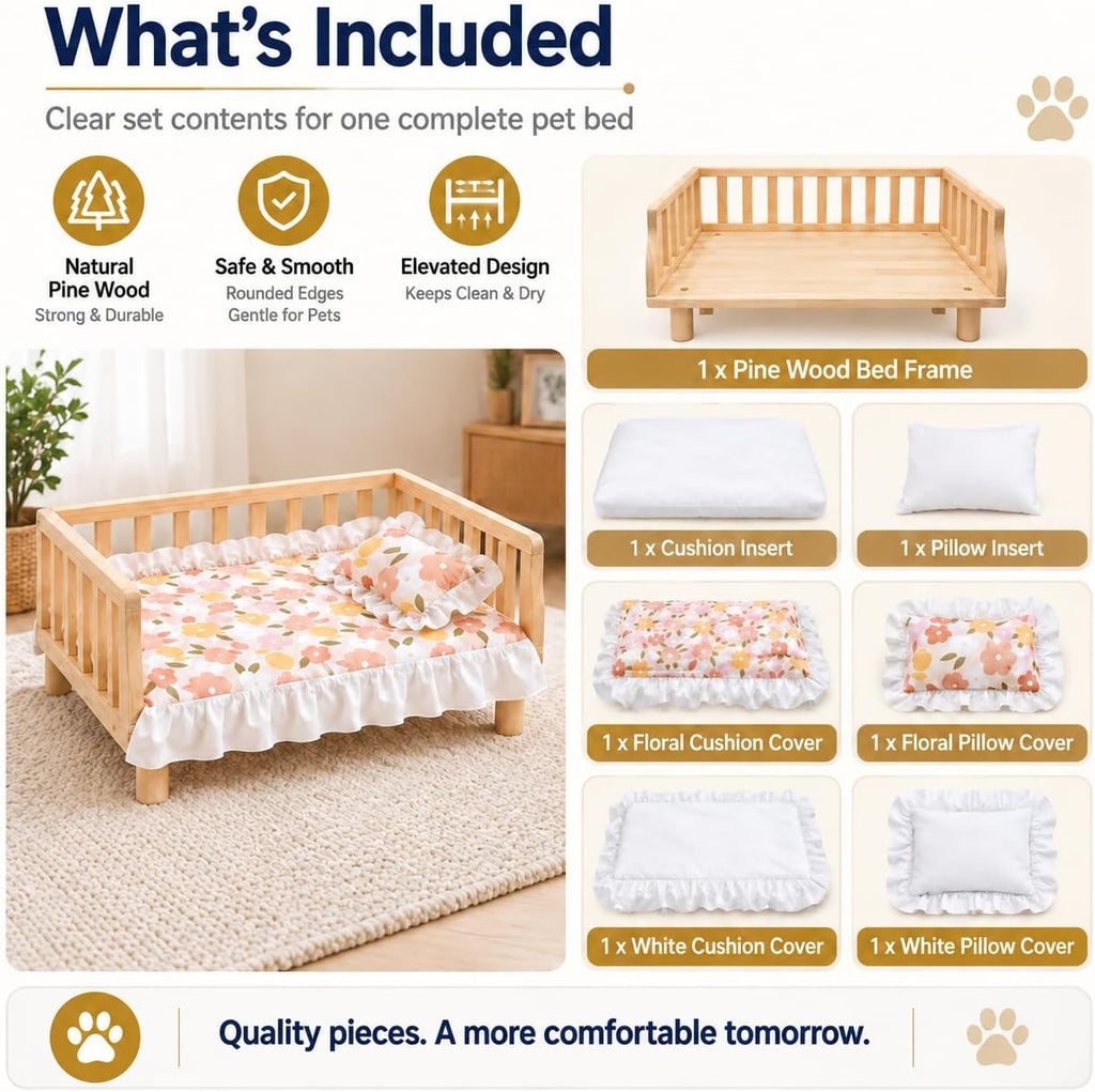 Elevated Wooden Bed for Small Dogs & Cats, 2 Mattress Covers, 30x20 inch
