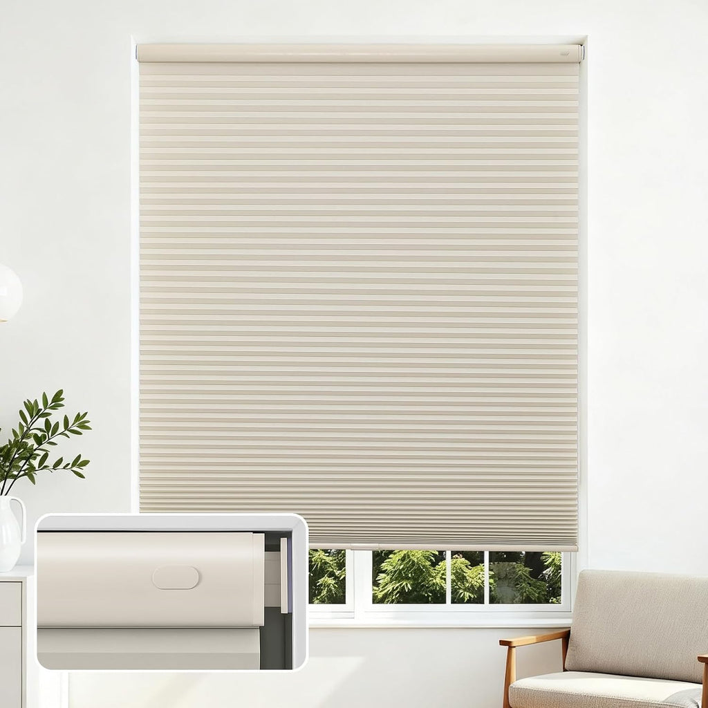 No Drill Light Filtering Cellular Shades, White, | Thermal I - Beige
