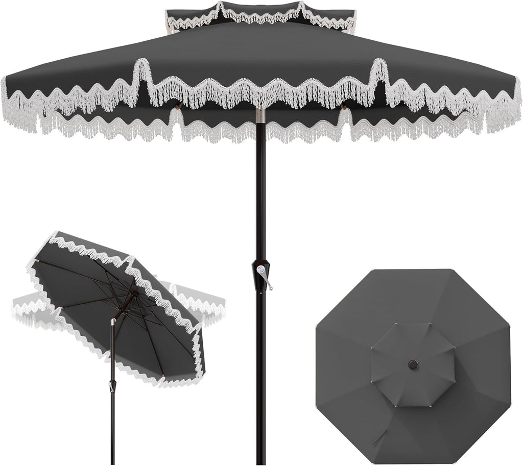 9ft Patio Umbrella with Fringe Tassels, Wind-Resistant Fiberglass Ribs - Grey
