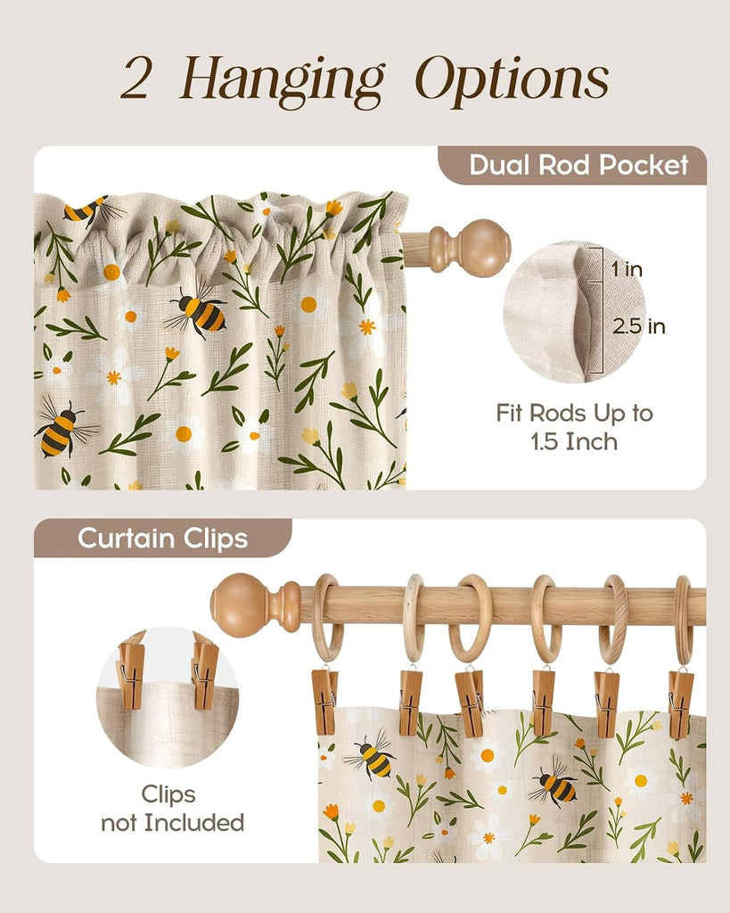 Bee Kitchen Tier Curtains - 45 Inch Length Linen Blend Country Cafe Curtains Farmhouse Small Window Treatments Over