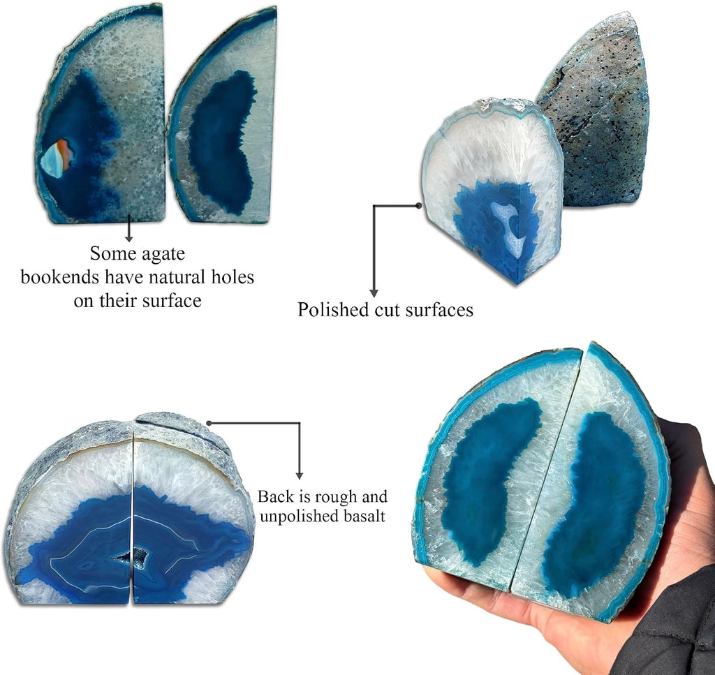 GM Teal Agate Bookends for Heavy Books. Crystal Stone Bookend. 1 Pair, A Grade, Pre-Matched Polished Geodes Home