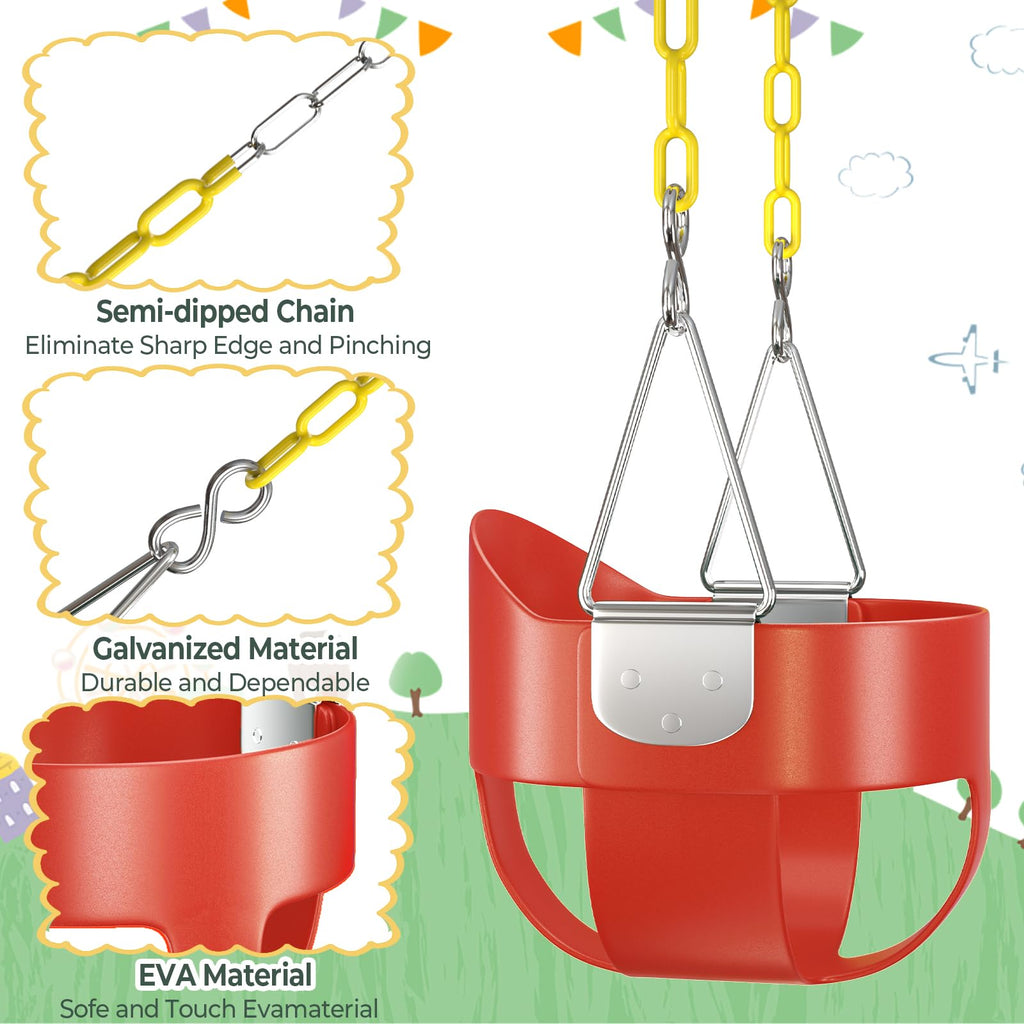 High Back Full Bucket Toddler Swing Seat with Coated Chains, Red