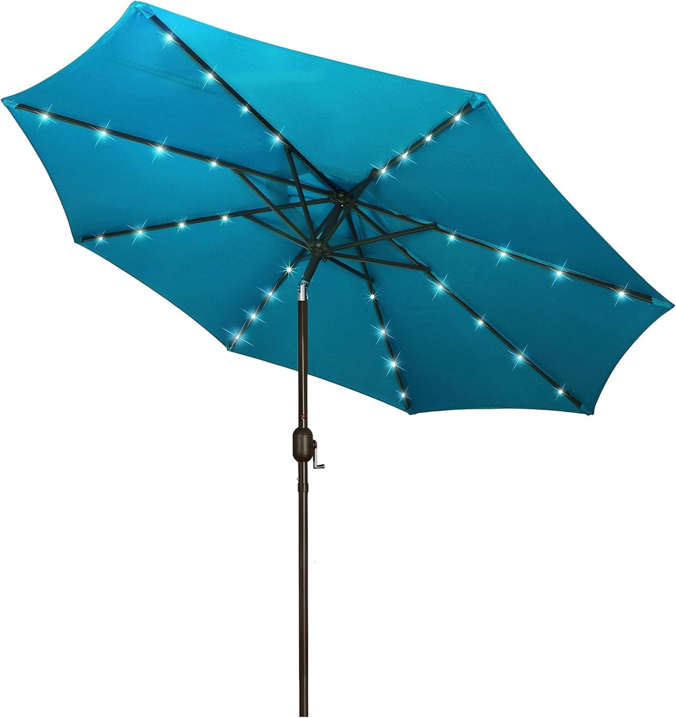 9 ft Solar Umbrella 32 LED Lighted Patio Umbrella Table Market Umbrella with Tilt and Crank Outdoor Umbrella Pool and -