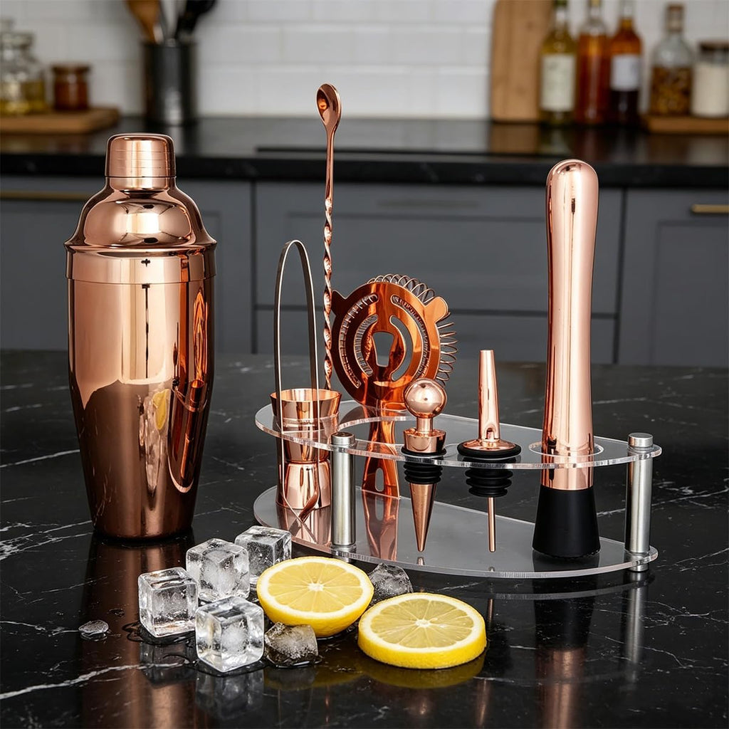 9-Piece Cocktail Shaker with Stand, 25oz Bartender Kit, Cocktail Shaker with Strainer Set, Bar Set Jigger - Set of 8