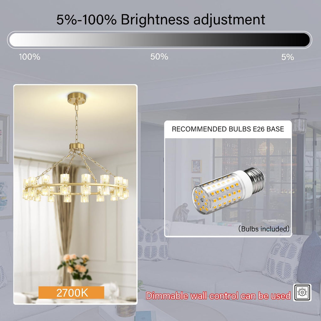 Inspired Arcachon Style Round Wagon Wheel Chandelier, 32" 32-Light Gold, Extended 32" Chain — Foyer, Dining & Living Room