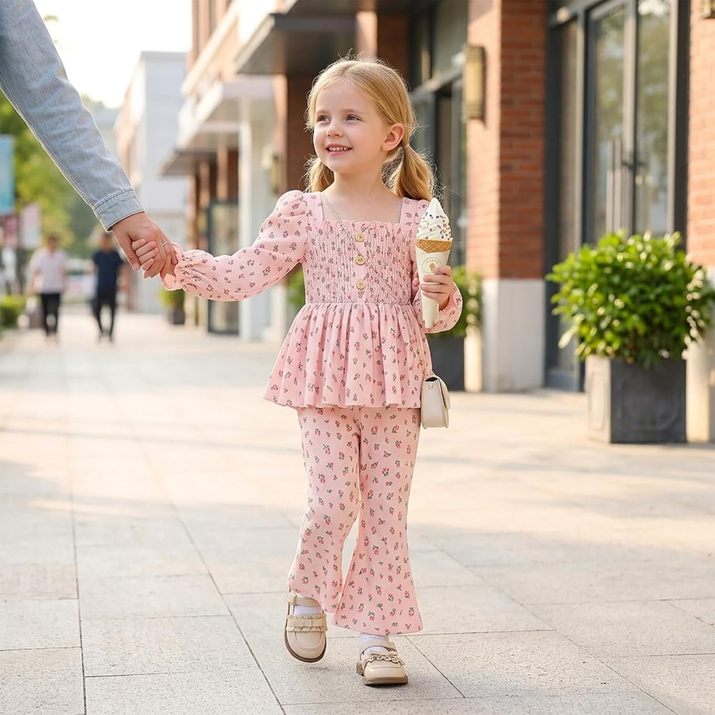 Toddler Girl Outfits Smocked Peplum Top with Kick Flare Pants