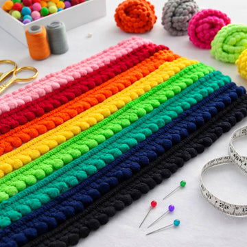 Mini Pom Pom Trim (1 Yard Per Color), Assorted Sample Pack Pom Pom Ribbon, Premium Nylon Ball Fringe for - 35 Yards