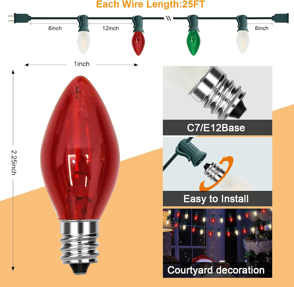C7 LED Red White and Green Christmas Lights, 25Ft Outdoor Chritsmas String Lights Shatterproof with 27 LED Clear