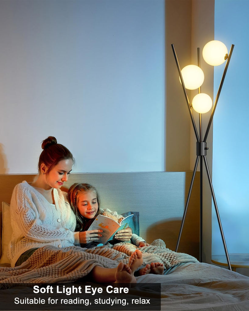 60IN Dimmable Black Tripod Floor Lamp, Mid Century Standing Lamps with 3 Globe Soft Warm White Eye Care 3000K Bulbs