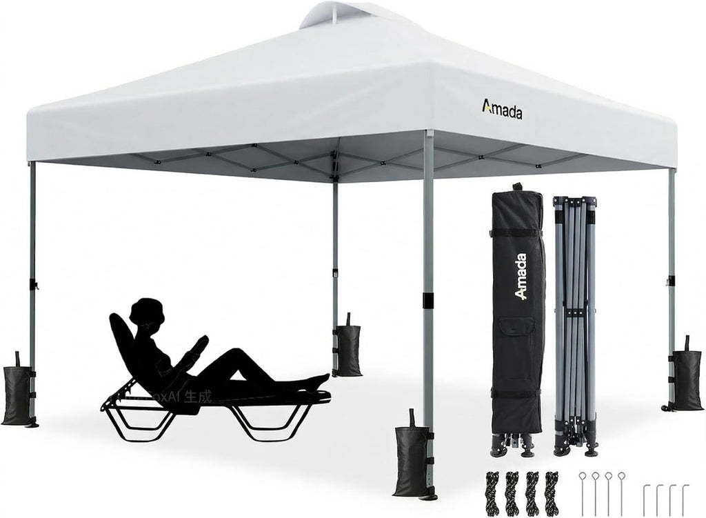 Amada 10x10 Pop Up Canopy Tent, 1-Button Push Easy-up Outdoor Canopy Beach Tent with 3-Height Adjustable Sun Shade