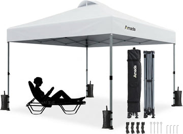 Amada 10x10 Pop Up Canopy Tent, 1-Button Push Easy-up Outdoor Canopy Beach Tent with 3-Height Adjustable Sun Shade